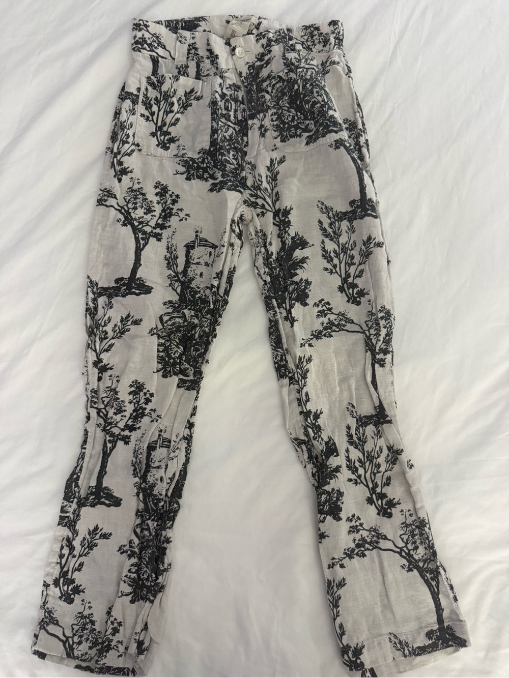 Joie White Linen Pants with Black Toile Print